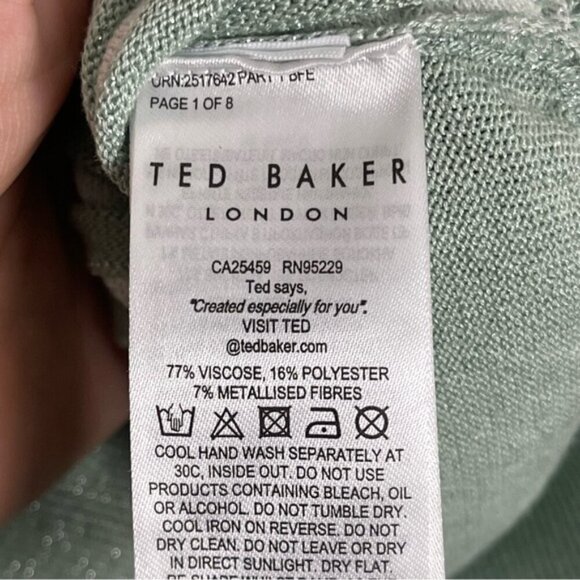 Ted Baker green silver metallic v-neck sweater vest top lightweight stretch S - Picture 6 of 9